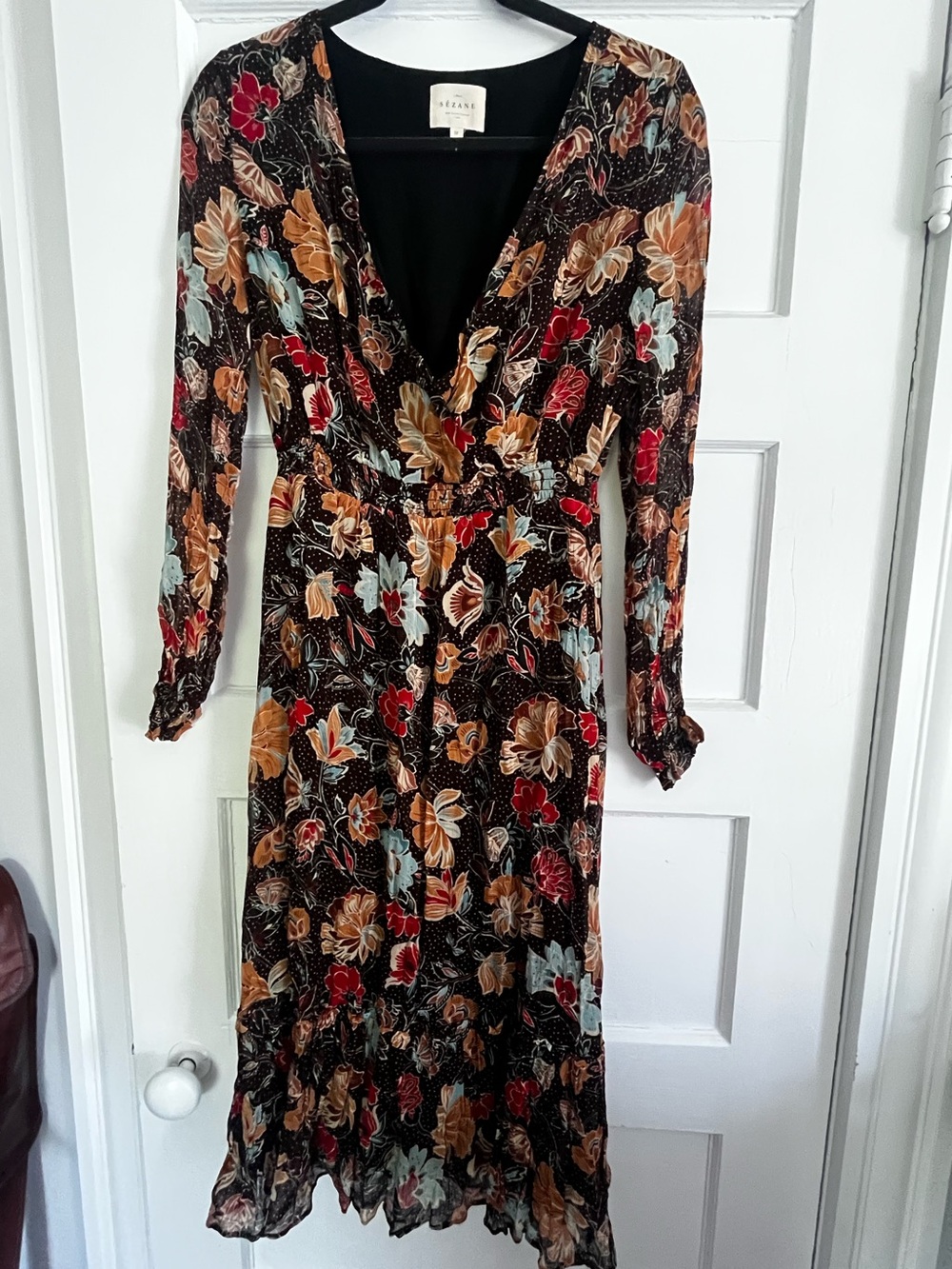 Sezane Floral V-Neck Long Sleeve Midi Dress